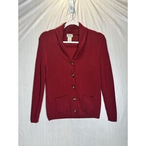 L.L.Bean Womens Red Merino Wool Ribbed Cardigan Sweater Shawl Collar Button Up M